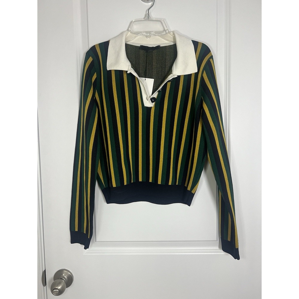 Women's Zara Green Yellow Black Striped Knit Polo Sweater Rugby Twee Medium NWT